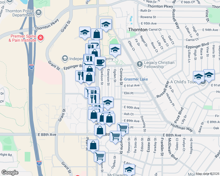 map of restaurants, bars, coffee shops, grocery stores, and more near 9050 Emerson Street in Thornton