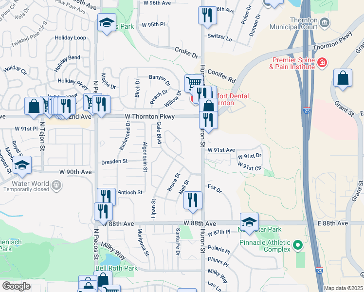 map of restaurants, bars, coffee shops, grocery stores, and more near 9102 Gale Boulevard in Thornton
