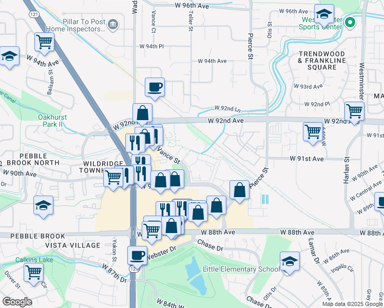 map of restaurants, bars, coffee shops, grocery stores, and more near 9048 Vance Street in Broomfield