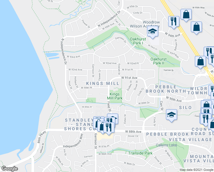 map of restaurants, bars, coffee shops, grocery stores, and more near 9132 West 90th Place in Westminster
