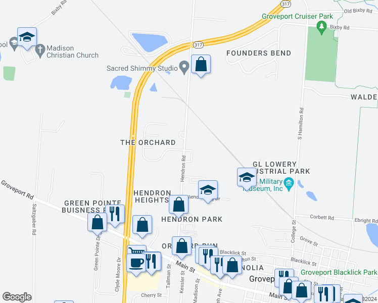 map of restaurants, bars, coffee shops, grocery stores, and more near 5085 Hendron Road in Groveport