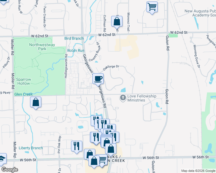 map of restaurants, bars, coffee shops, grocery stores, and more near 5938 Sycamore Forge Drive in Indianapolis