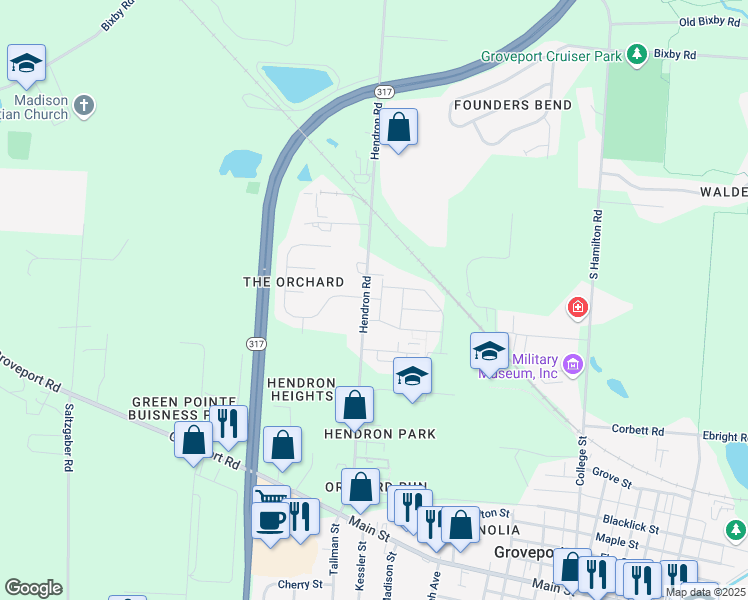 map of restaurants, bars, coffee shops, grocery stores, and more near 5085 Hendron Road in Groveport