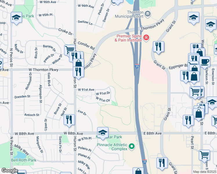 map of restaurants, bars, coffee shops, grocery stores, and more near 501 West 91st Avenue in Thornton