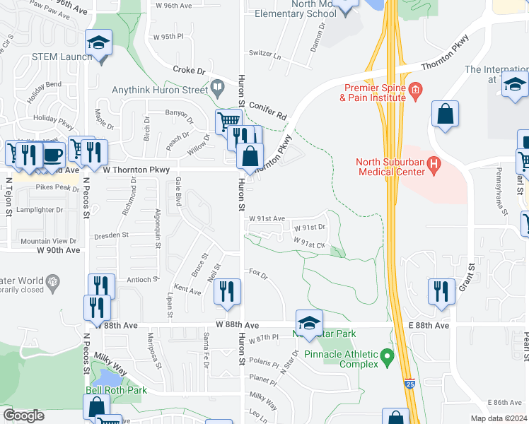 map of restaurants, bars, coffee shops, grocery stores, and more near 753 West 91st Avenue in Denver