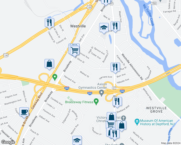 map of restaurants, bars, coffee shops, grocery stores, and more near 195 Ambler Street in Westville