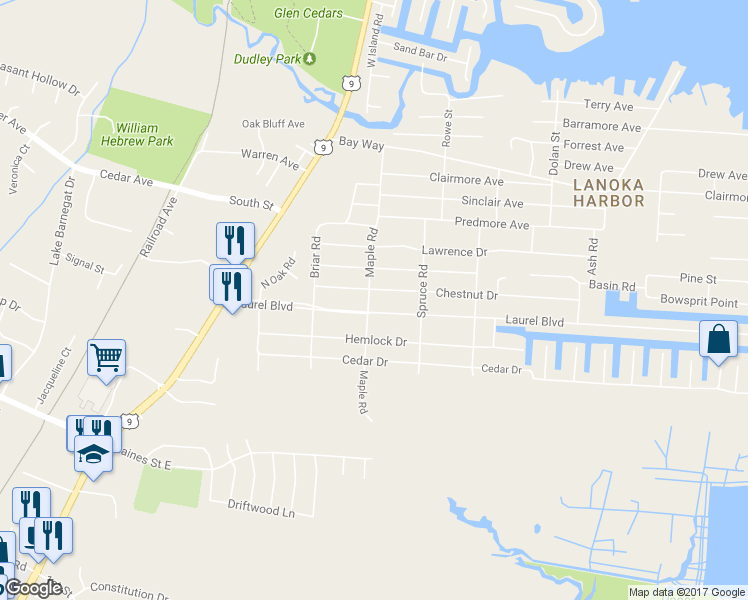 map of restaurants, bars, coffee shops, grocery stores, and more near 751 Maple Road in Lacey Township