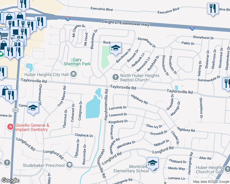 map of restaurants, bars, coffee shops, grocery stores, and more near 6440 Highbury Road in Dayton