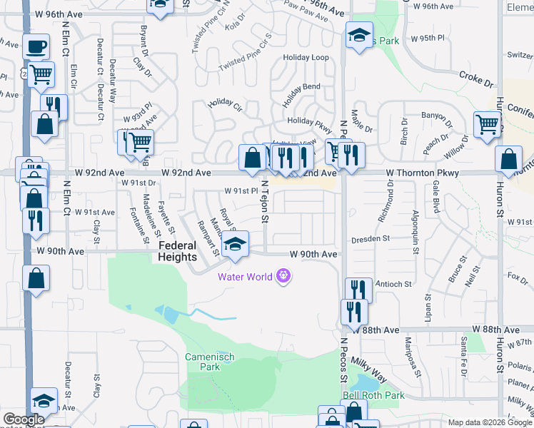 map of restaurants, bars, coffee shops, grocery stores, and more near 2001 Germain Street in Federal Heights