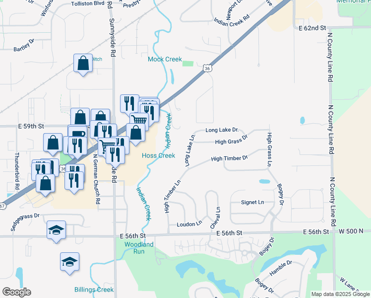 map of restaurants, bars, coffee shops, grocery stores, and more near 5846 Long Lake Lane in Indianapolis