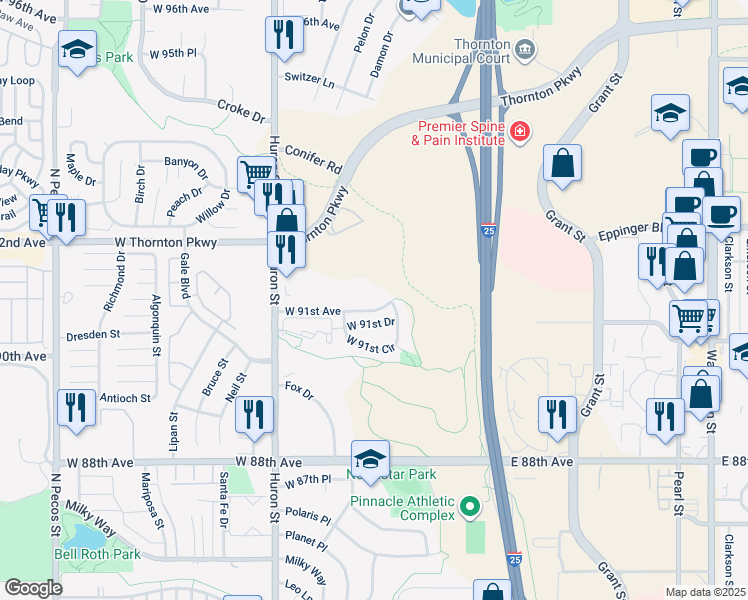 map of restaurants, bars, coffee shops, grocery stores, and more near 535 West 91st Drive in Thornton