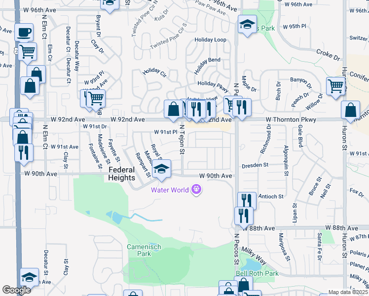 map of restaurants, bars, coffee shops, grocery stores, and more near 2001 Germain Street in Federal Heights