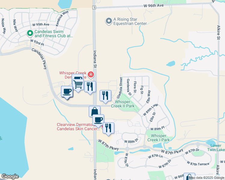 map of restaurants, bars, coffee shops, grocery stores, and more near West 89th Drive in Arvada