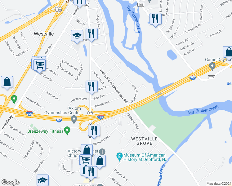 map of restaurants, bars, coffee shops, grocery stores, and more near 820 Almonesson Road in Westville