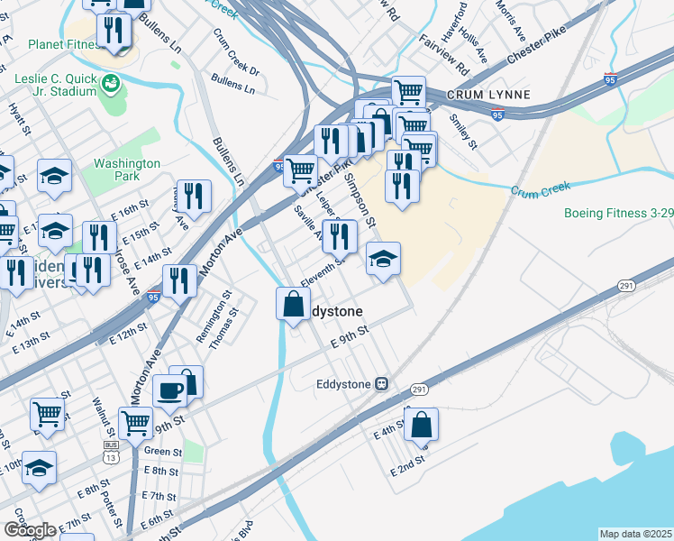 map of restaurants, bars, coffee shops, grocery stores, and more near 1012 Saville Avenue in Eddystone