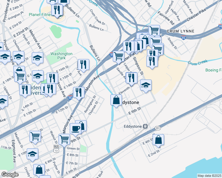 map of restaurants, bars, coffee shops, grocery stores, and more near 1100 Eleventh Street in Eddystone