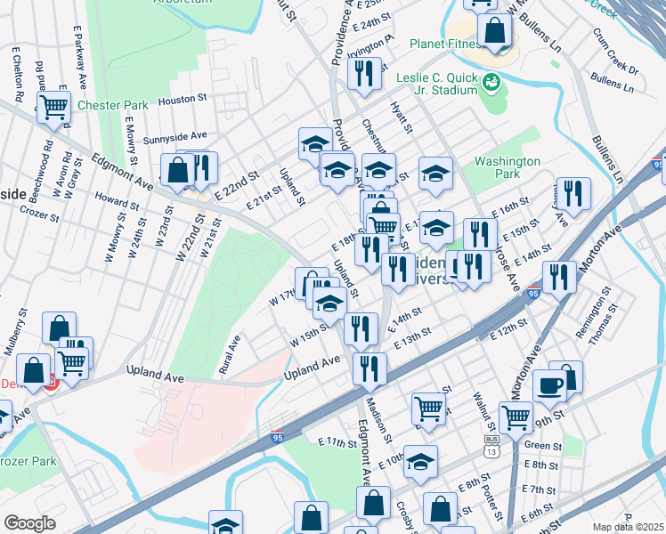 map of restaurants, bars, coffee shops, grocery stores, and more near 1621 Edgmont Avenue in Chester