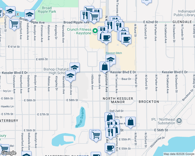 map of restaurants, bars, coffee shops, grocery stores, and more near 5858 Brouse Avenue in Indianapolis