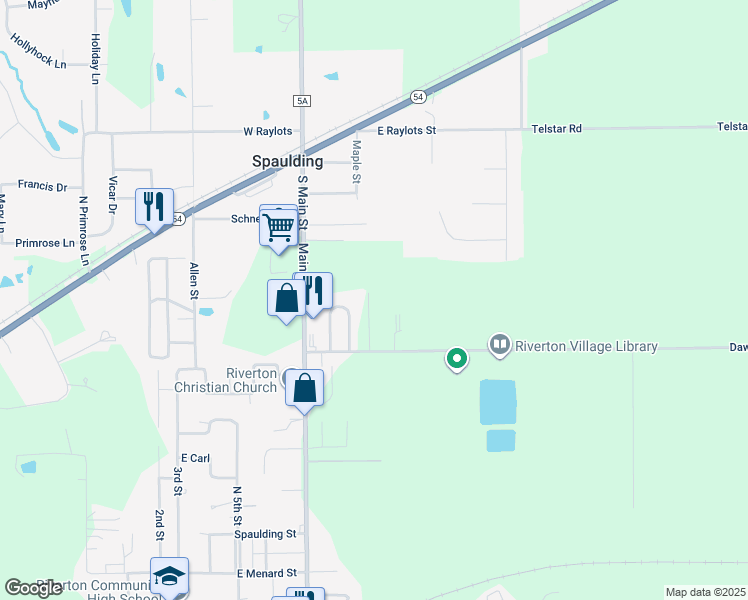 map of restaurants, bars, coffee shops, grocery stores, and more near 895 Riverton Road in Riverton