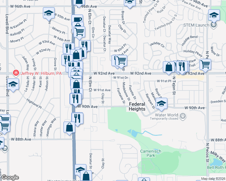 map of restaurants, bars, coffee shops, grocery stores, and more near 9080 North Camenisch Way in Denver