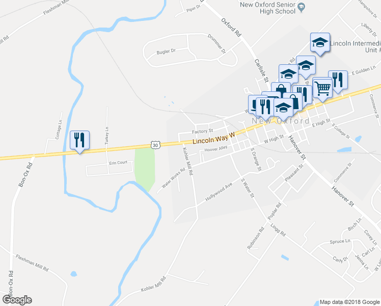map of restaurants, bars, coffee shops, grocery stores, and more near 6 Lawrence Place in New Oxford
