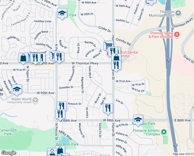 map of restaurants, bars, coffee shops, grocery stores, and more near 9134 Gale Boulevard in Thornton
