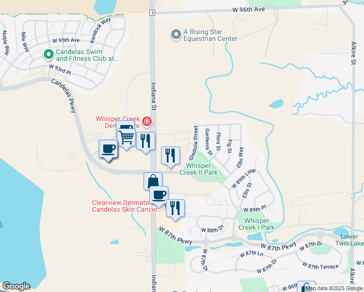 map of restaurants, bars, coffee shops, grocery stores, and more near West 89th Drive in Arvada