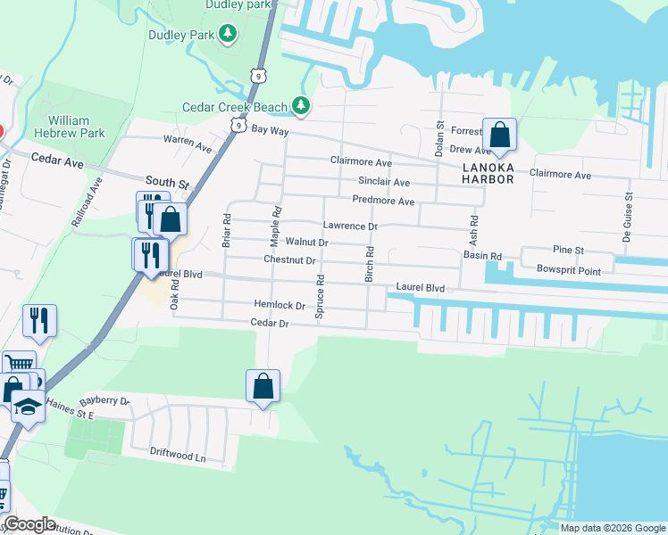 map of restaurants, bars, coffee shops, grocery stores, and more near 311 Laurel Boulevard in Lacey Township