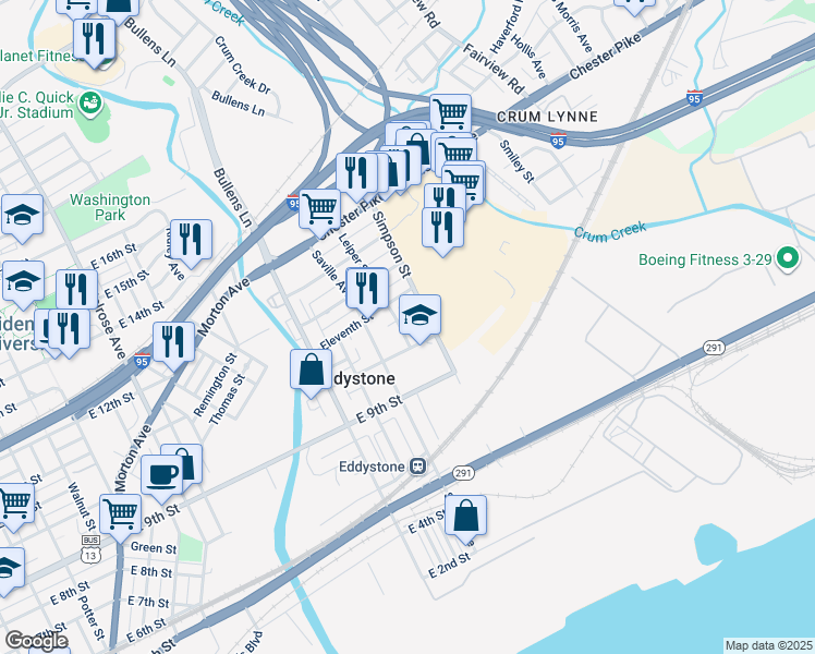 map of restaurants, bars, coffee shops, grocery stores, and more near 1019 Leiper Street in Eddystone