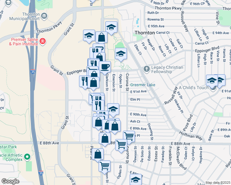 map of restaurants, bars, coffee shops, grocery stores, and more near 9086 Emerson Street in Thornton