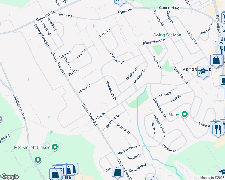 map of restaurants, bars, coffee shops, grocery stores, and more near 3025 Highwoods Drive in Aston