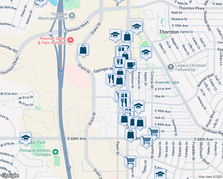 map of restaurants, bars, coffee shops, grocery stores, and more near 525 Russell Boulevard in Thornton
