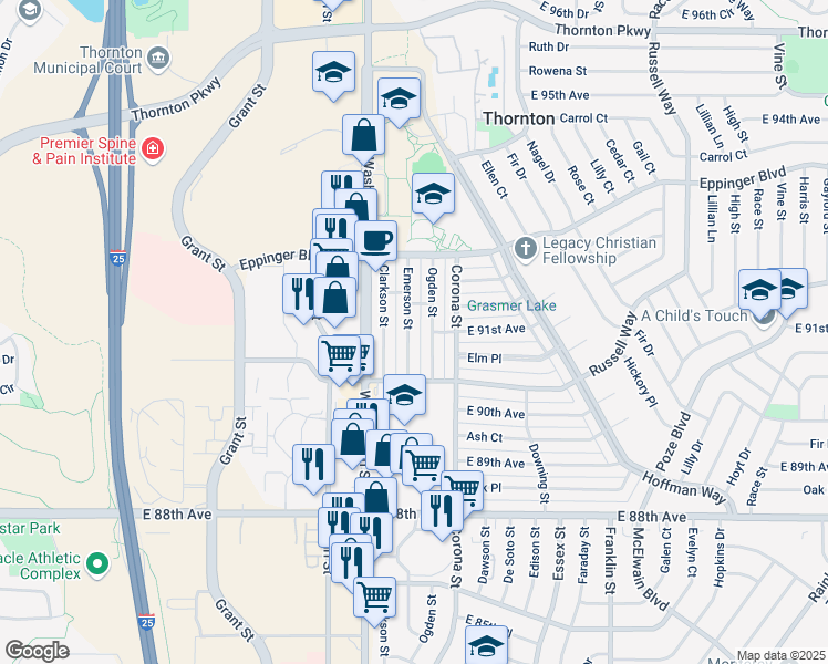 map of restaurants, bars, coffee shops, grocery stores, and more near 9050 Emerson Street in Thornton