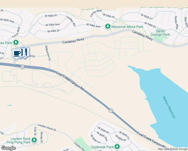 map of restaurants, bars, coffee shops, grocery stores, and more near 17280-17302 Coal Creek Canyon Road in Arvada