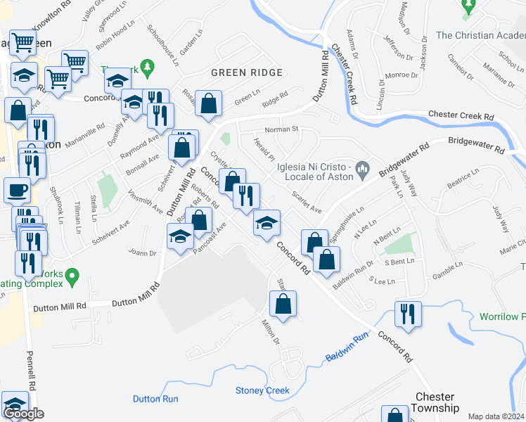 map of restaurants, bars, coffee shops, grocery stores, and more near 2930 Concord Road in Aston