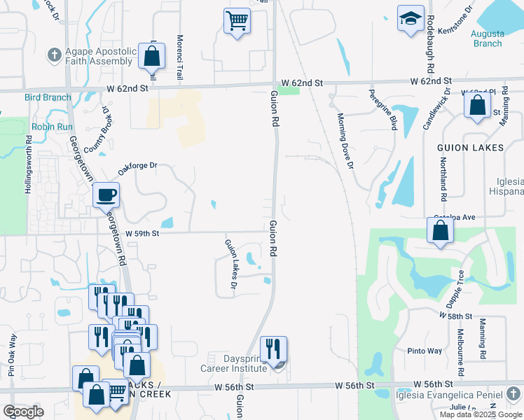 map of restaurants, bars, coffee shops, grocery stores, and more near 5906 Guion Road in Indianapolis