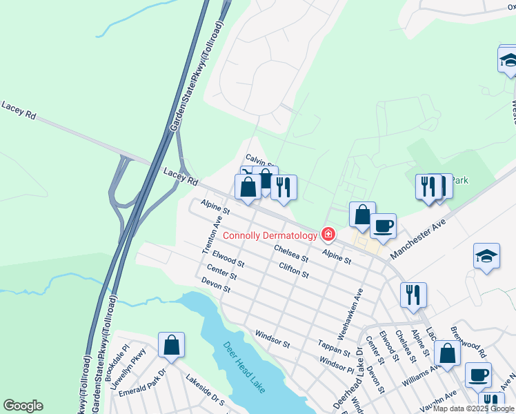 map of restaurants, bars, coffee shops, grocery stores, and more near 998 Lacey Road in Lacey Township