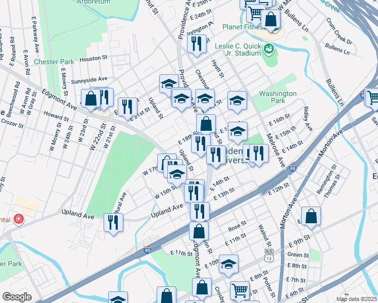 map of restaurants, bars, coffee shops, grocery stores, and more near 1701 Upland Street in Chester