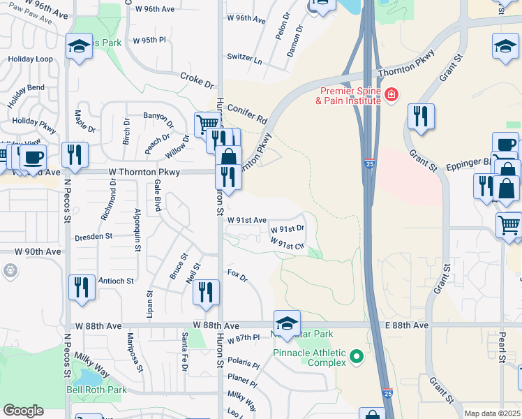 map of restaurants, bars, coffee shops, grocery stores, and more near 773 West 91st Avenue in Thornton