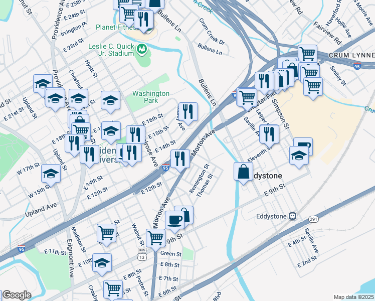 map of restaurants, bars, coffee shops, grocery stores, and more near 1217 Hancock Street in Chester