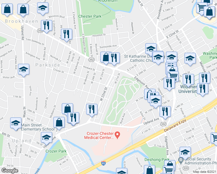 map of restaurants, bars, coffee shops, grocery stores, and more near 201 West 22nd Street in Chester