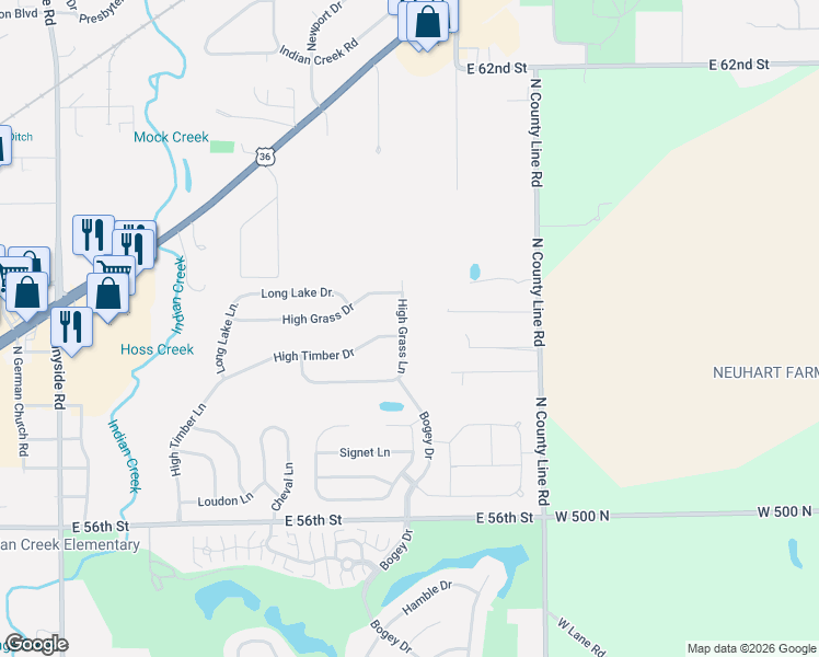 map of restaurants, bars, coffee shops, grocery stores, and more near 5857 High Grass Lane in Indianapolis