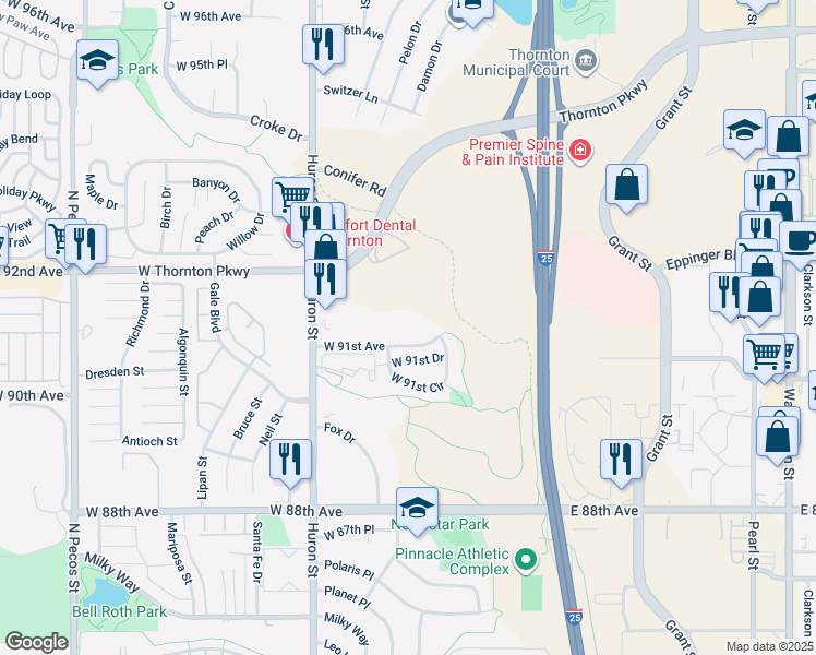 map of restaurants, bars, coffee shops, grocery stores, and more near 501 W 91st Ave in Thornton