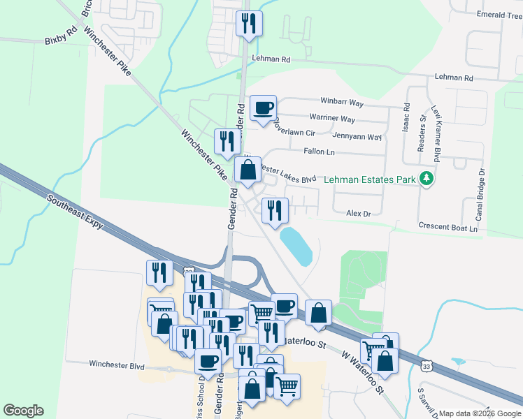map of restaurants, bars, coffee shops, grocery stores, and more near 6535 Armalite Place in Canal Winchester