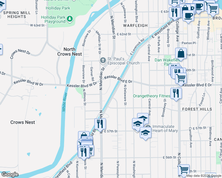 map of restaurants, bars, coffee shops, grocery stores, and more near 5969 Gladden Drive in Indianapolis