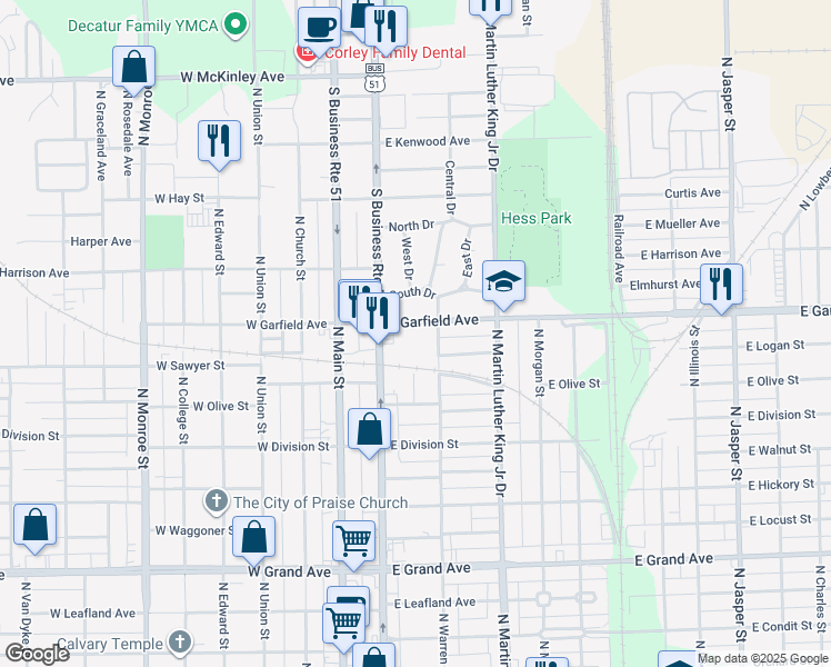 map of restaurants, bars, coffee shops, grocery stores, and more near 334 East Garfield Avenue in Decatur