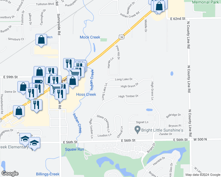 map of restaurants, bars, coffee shops, grocery stores, and more near 5869 High Grass Drive in Indianapolis