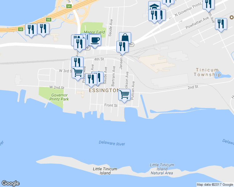 map of restaurants, bars, coffee shops, grocery stores, and more near 132 Jansen Avenue in Essington