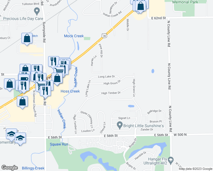 map of restaurants, bars, coffee shops, grocery stores, and more near 11455 High Grass Drive in Indianapolis