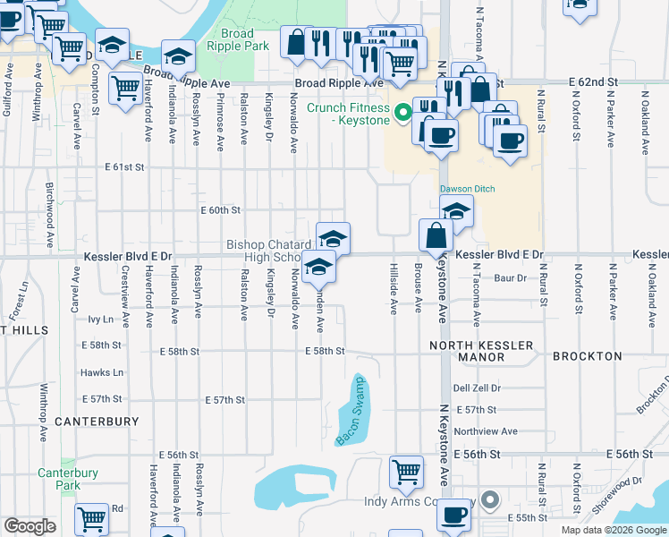 map of restaurants, bars, coffee shops, grocery stores, and more near 5885 Crittenden Avenue in Indianapolis